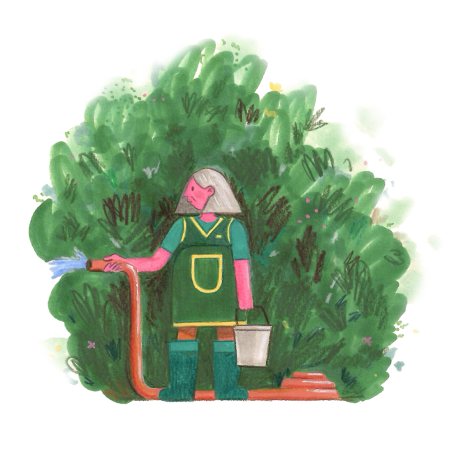 Mix media illustration depicting a lady with a hoose and a bucket. Character Design. Stylized illustration. Cute character. Illustration Portugal. Illustração porto, portugal. Animation. Motion Design. Mascotes. Design de mascote.