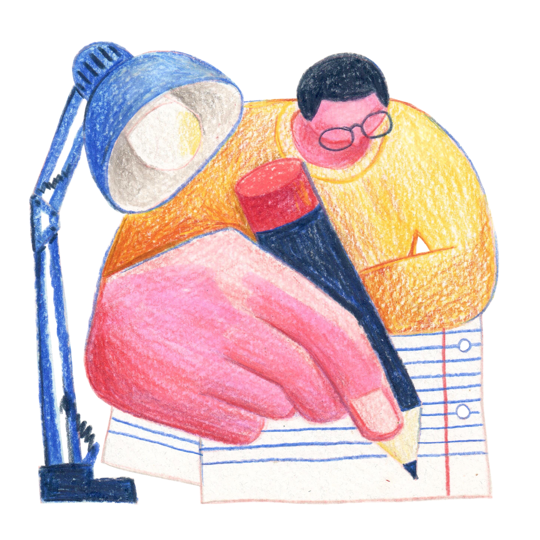 Editorial illustration. Handmade illustration in colored pencils. Hobbies. Geometric. Stylized illustration. Editorial illustration about collaboration of humans and machines. AI concept. Artificial intelligence illustration. Illustration Portugal. Illustração porto, portugal.