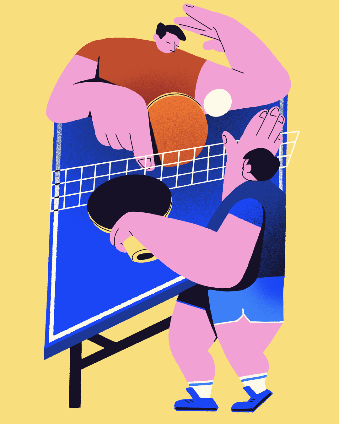 Two people playing table tennis. Stylized illustration with bold colors and strong chatacters.