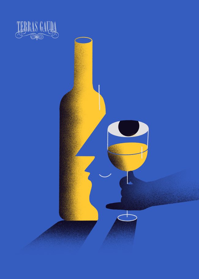 Illustration for a wine company in Spain, featuring a visual metaphor of a bottle and glass of wine that look likw a person.