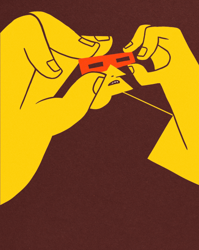 stylized illustration of a person holding solar eclipse glasses. They look a bit nerdy.