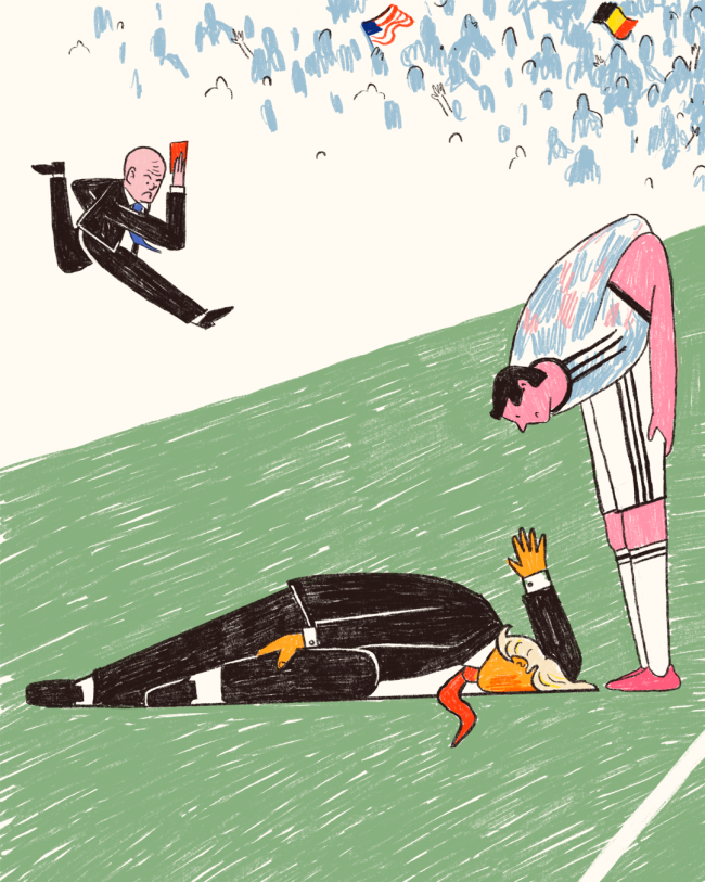 editorial illustration of trump pretending he has an injury so the fifa president gives a red card to a player in the Belgium vs USA match.