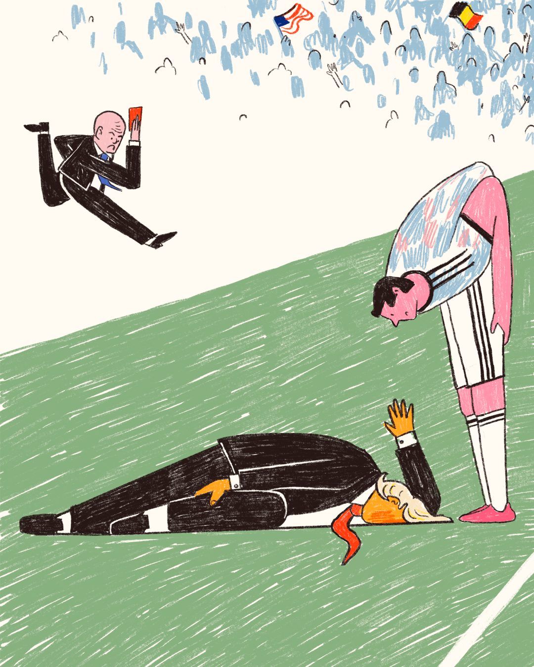 editorial illustration of trump pretending he has an injury so the fifa president gives a red card to a player in the Belgium vs USA match.